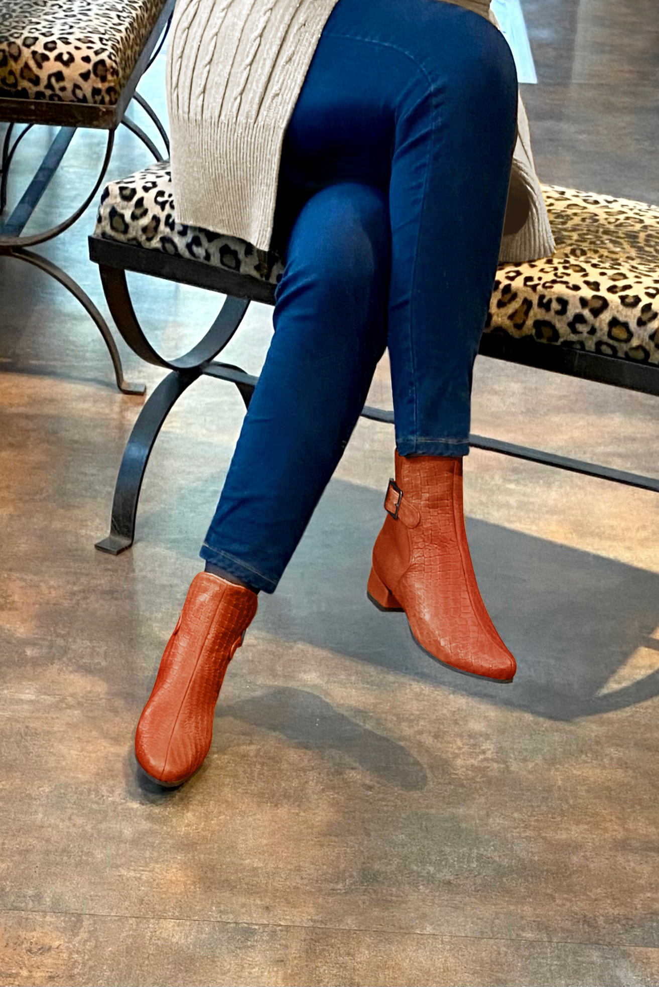 Terracotta orange women's ankle boots with buckles at the back. Round toe. Low block heels. Worn view - Florence KOOIJMAN